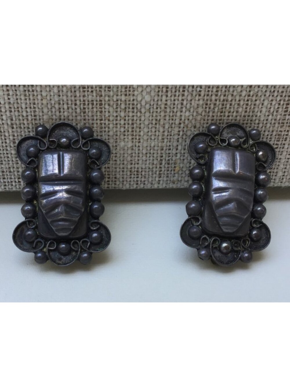 Vintage Mexican Sterling Silver Clip-On Earrings With Carved Tribal Mask Design - Picture 6 of 7